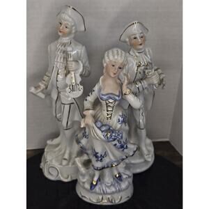 3 Vintage Porcelain Figurines Lady Blue and White 2 Men White And Gold Trim